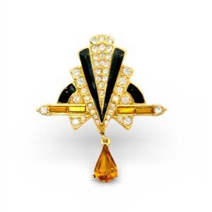 Vintage Monet Art Deco Style Brooch Topaz Tone Crystal Drop